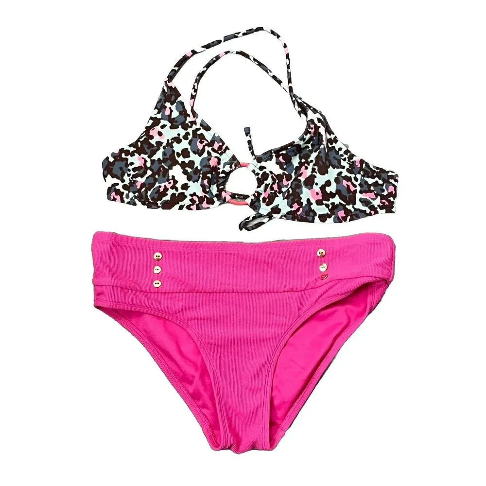 Bikini 2 Piece Swimsuit Cross Back Tie Ring Camo Top Pink Bottoms Small Swimwear
